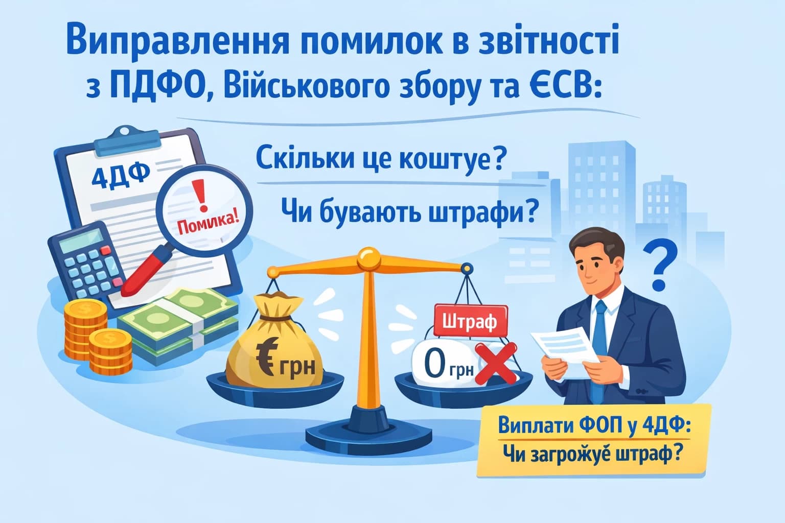 Сьогодні говоримо про виправлення помилок в Об’єднаній звітності з ПДФО, військового збору та ЄСВ. А головне — скільки це може коштувати на практиці, якщо виправляти помилки. При яких ситуаціях та видів виправлень штрафів не має бути. І чи загрожують штрафи за те, що не показували виплати ФОП у 4ДФ.