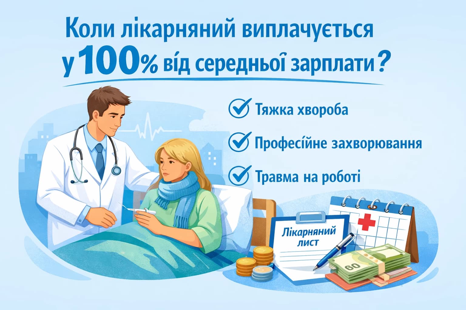 У яких випадках лікарняний виплачується у розмірі 100% середньої зарплати