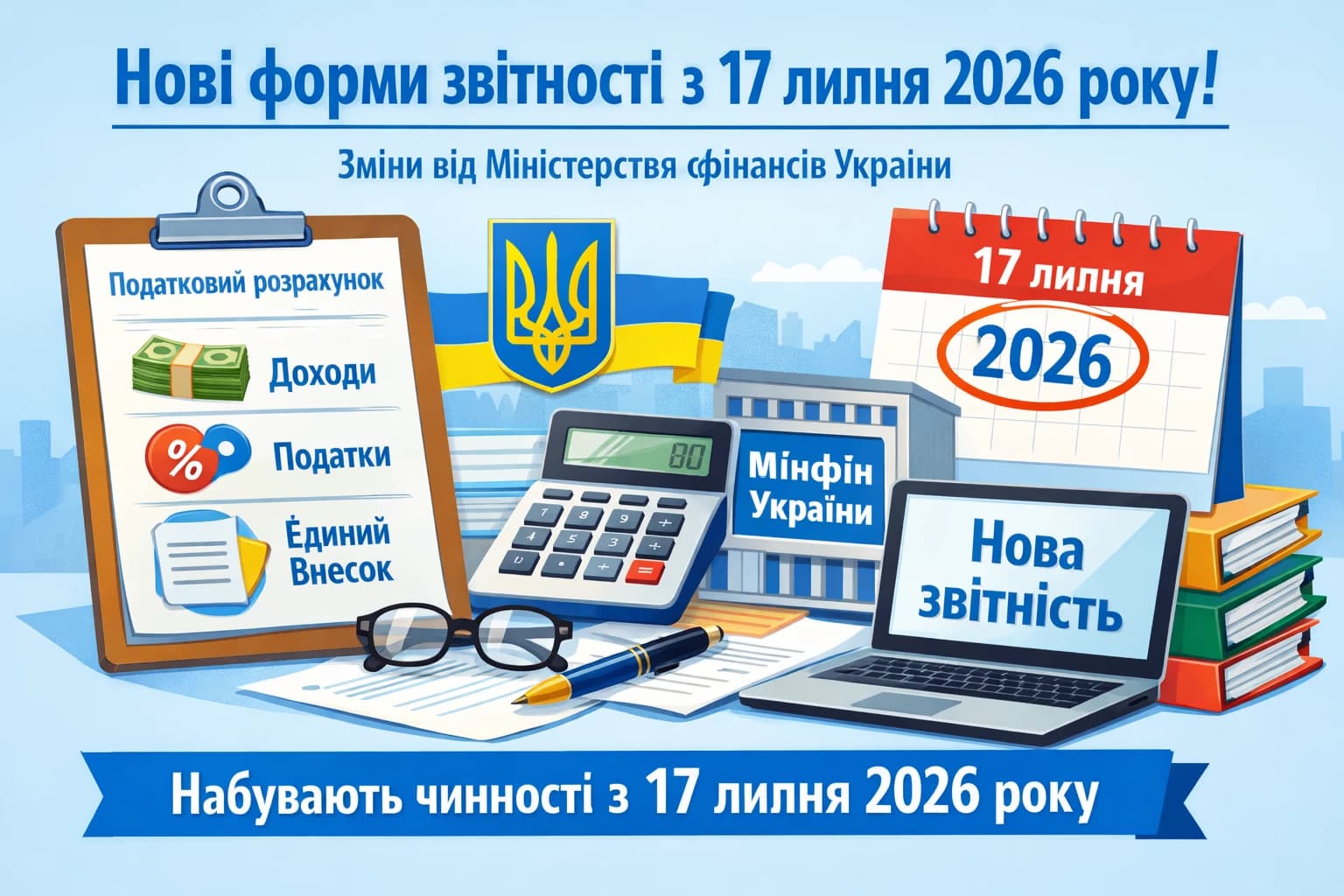 Міністерство фінансів України затвердило нові форми Податкового розрахунку сум доходу, нарахованого (сплаченого) на користь фізичних осіб, сум утриманого з них податку, а також сум нарахованого єдиного внеску та оновило Порядок їх заповнення і подання. Вони набирають чинності 17 липня 2026 року. 