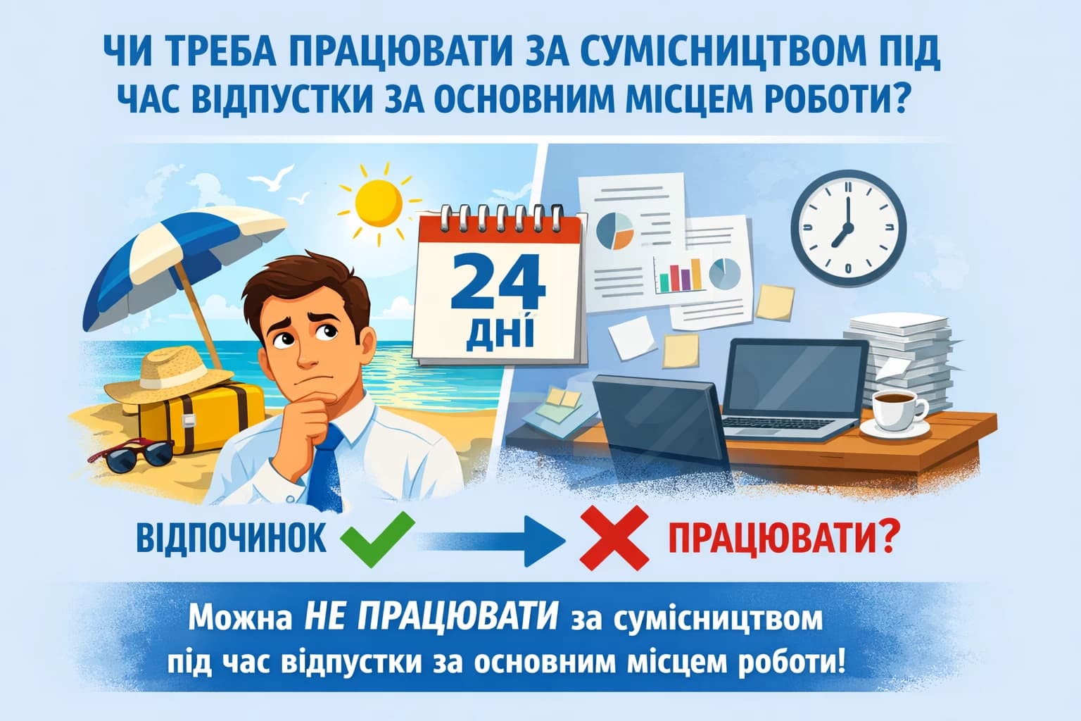 Внутрішній сумісник йде у щорічну відпустку за основною посадою на 24 дні. У нього ще немає стільки ж днів щорічної відпустки за сумісництвом. Чи зобовʼязаний він працювати за сумісництвом під час відпустки за основною посадою?