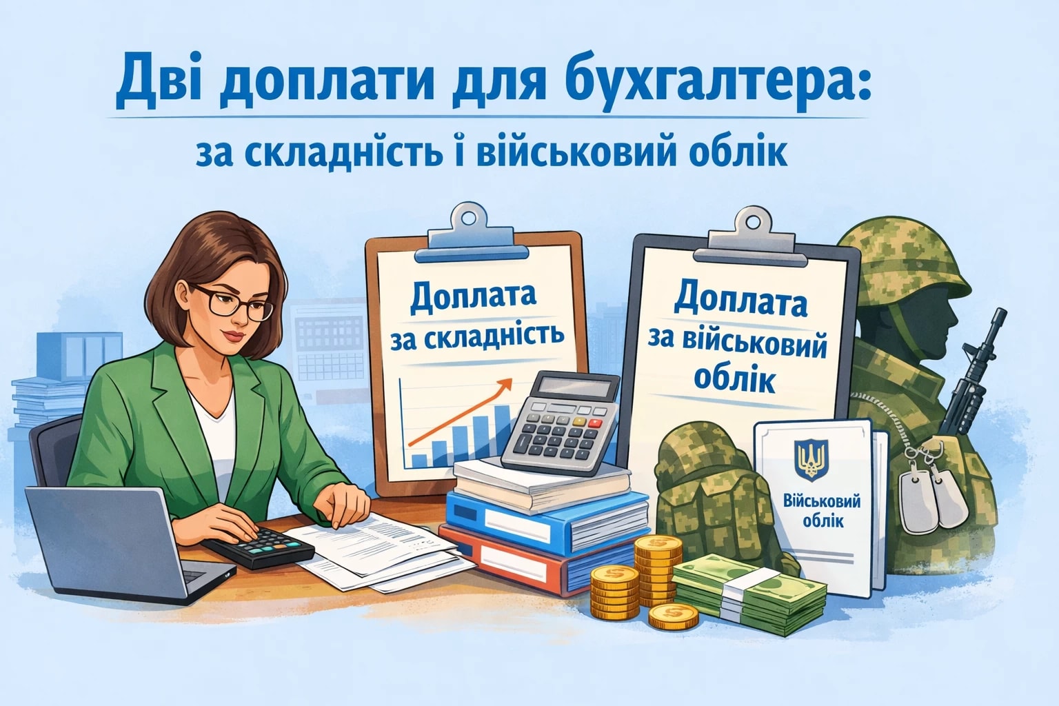 Дві доплати для бухгалтера: за складність і військовий облік