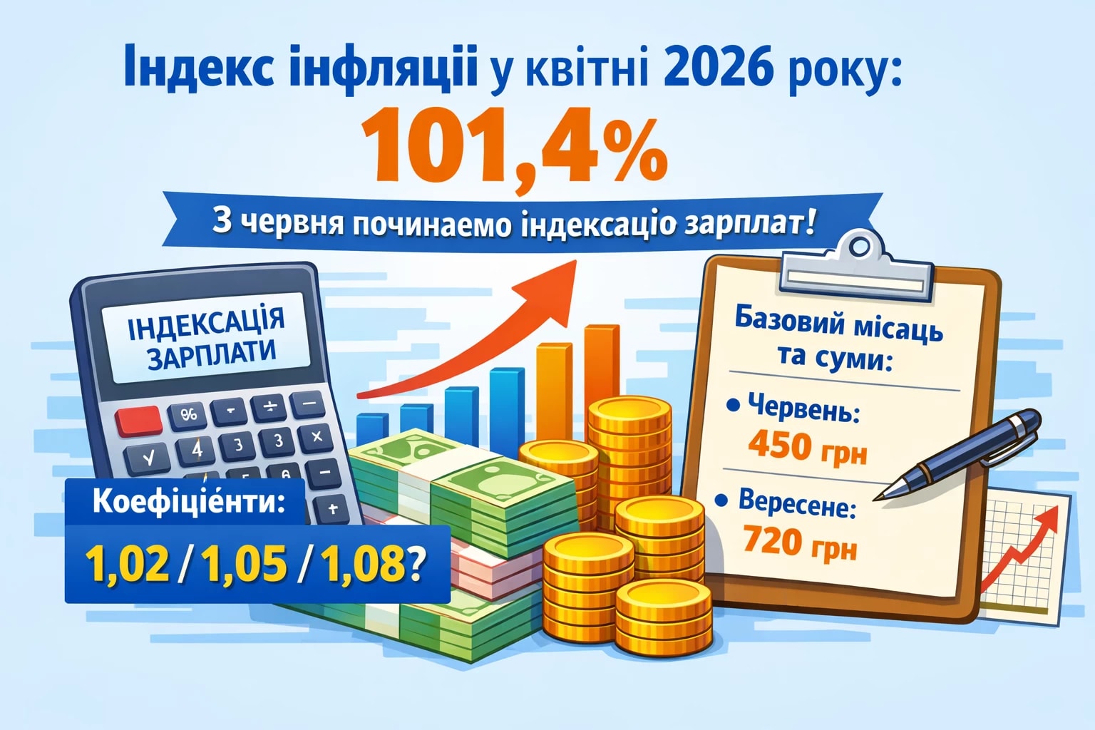 За даними Держстату індекс інфляції у квітні 2026 року становить 101,4%. А це означає, що вже з червня починаємо індексувати зарплату. Які ж будуть коефіцієнти, суми та базові місяці?