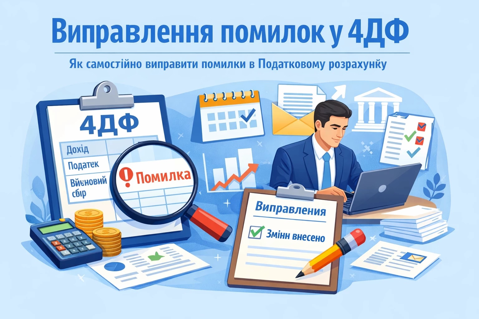 Додаток 4ДФ подаємо у складі Податкового розрахунку. Він містить інформацію про суми нарахованого доходу, утриманого та сплаченого податку на доходи фізичних осіб та військового збору. При його заповненні іноді трапляються помилки. Як виправляти самостійно виявлені помилки у 4ДФ поданого та прийнятого Податкового розрахунку, розглянемо у статті.