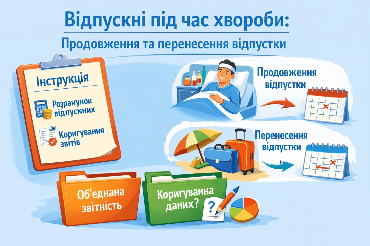 Ми розібрали кадрові відмінності та схожості між продовженою і перенесеною на інший період відпусткою через хворобу працівника. На продовження цієї теми дамо інструкцію, як діяти з відпускною середньою при продовженні / перенесенні відпустки та чи коригувати Об’єднаний звіт і як саме.