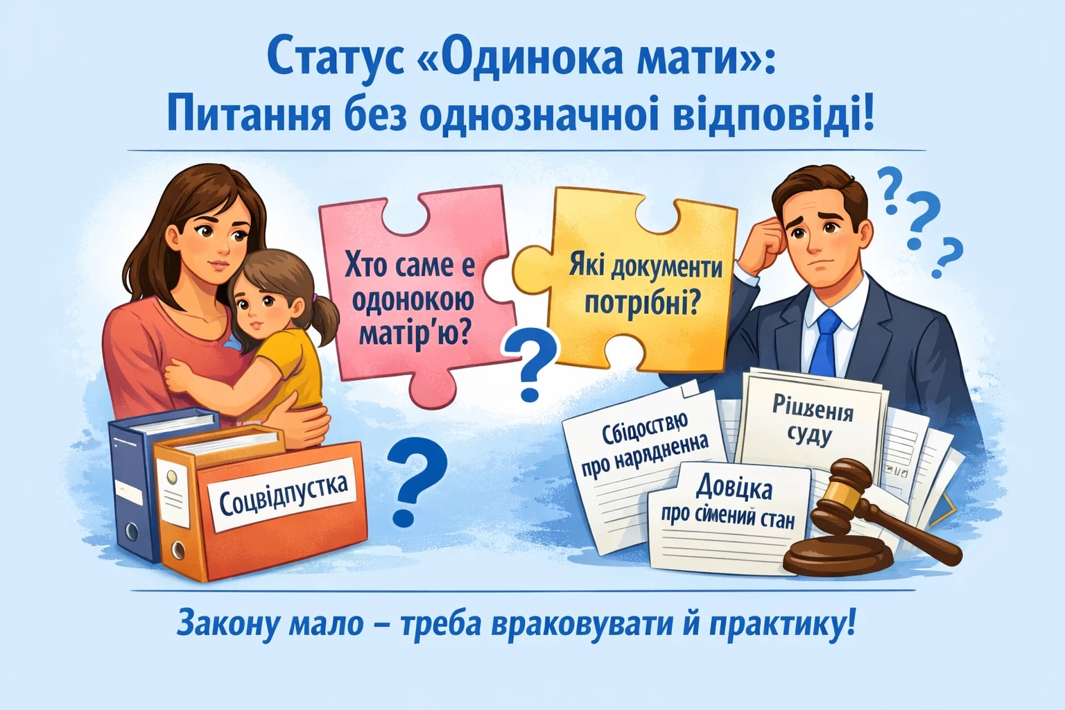 Соцвідпустка на дітей здається простою… поки не доходить до статусу «одинока мати». Саме тут у роботодавців виникає найбільше питань. Бо закон не дає чіткої відповіді: ні кого саме вважати одинокою матір’ю, ні якими документами це підтверджувати. Тож доводиться орієнтуватися не лише на норми, а й на практику.