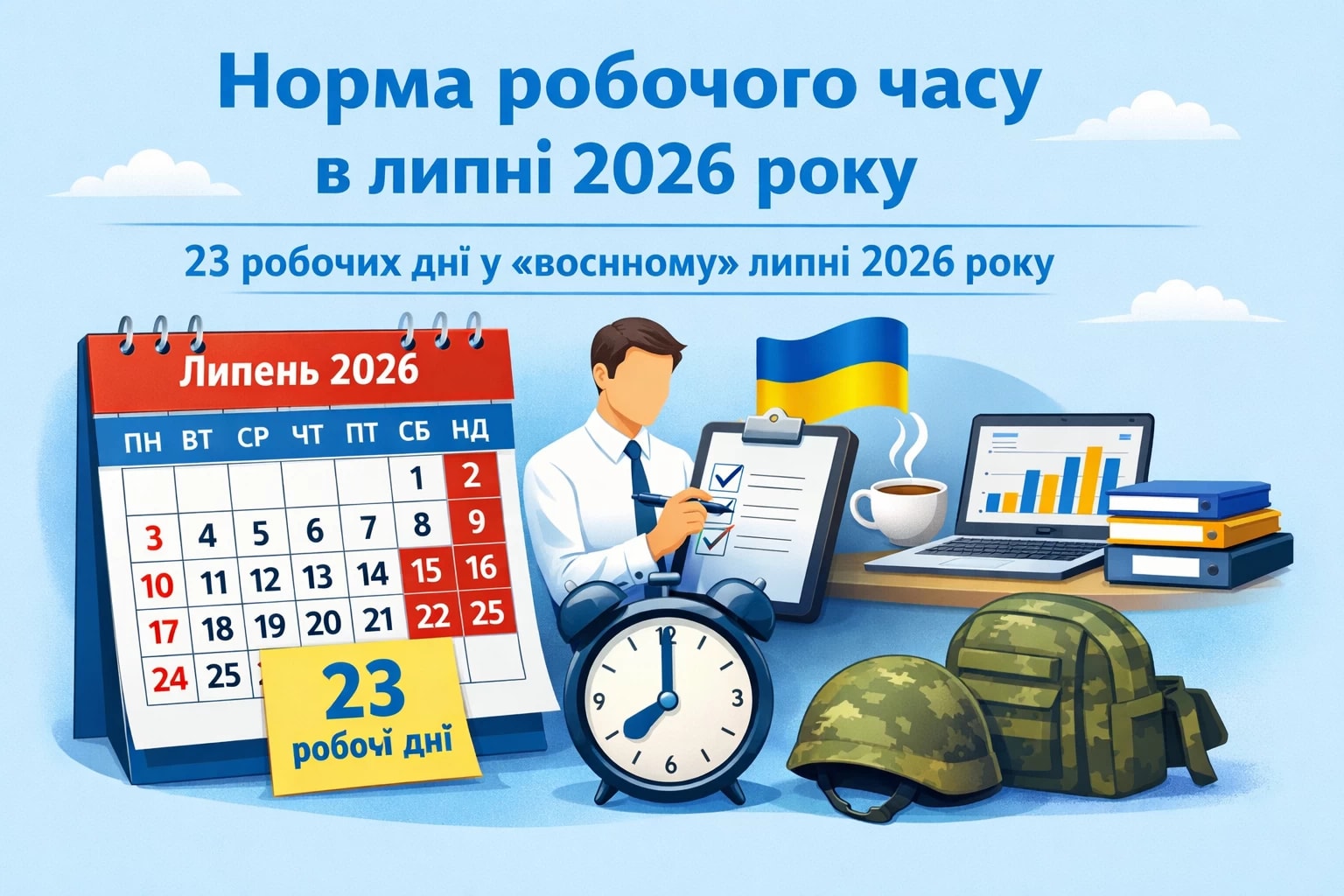 Норма робочого часу в липні 2026 року. Як бачимо, у «воєнному» липні 2026 року буде 23 робочих дні.