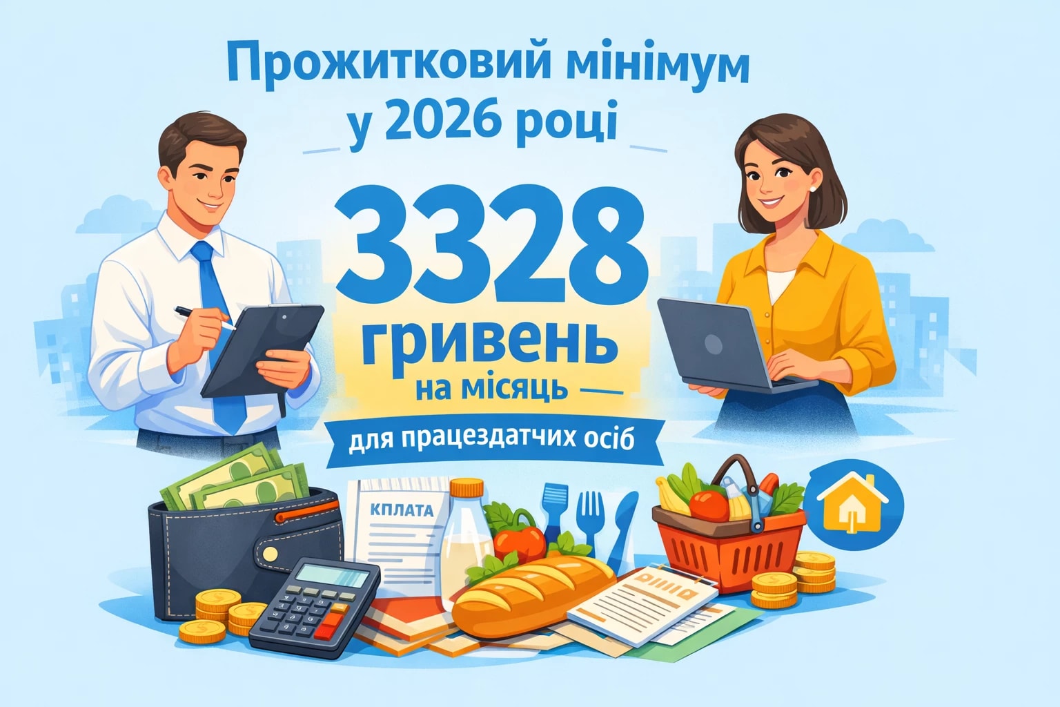 Прожитковий мінімум на одну особу з розрахунку на місяць в 2026 році для працездатних осіб - 3328 гривень