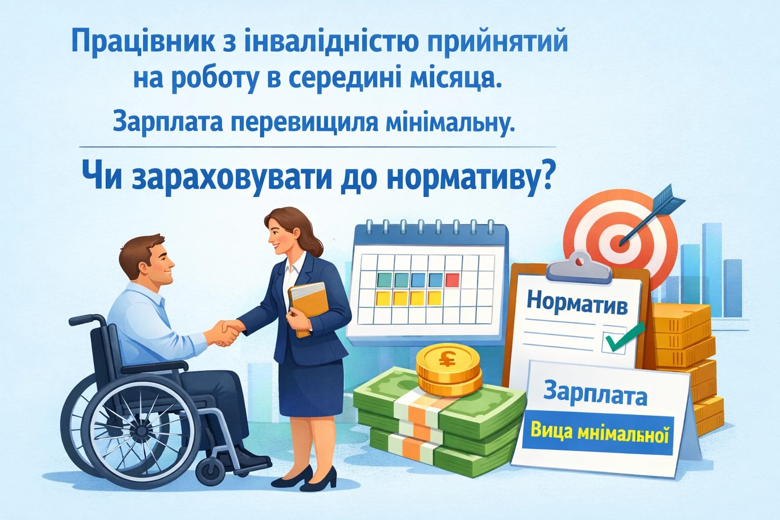 Працівника з інвалідністю прийняли на роботу в середині місяця. Заробітна плата за цей місяць перевищила мінімальну. Чи можна врахувати такого працівника при виконанні нормативу?