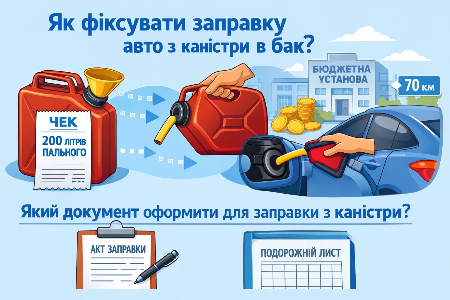 АЗС знаходиться за 70 км від бюджетної установи. Для економії бюджетних коштів заправку здійснили в каністри великим обсягом одним чеком. Яким документом тепер фіксувати заправку авто з каністри в бак автомобіля?