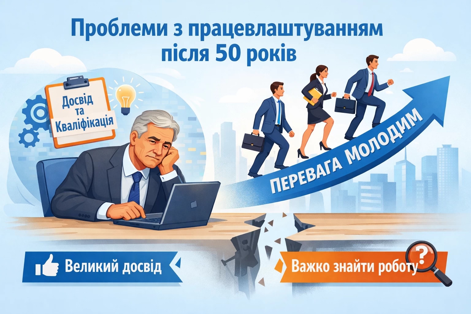 Працівники 50+ вже багато років перебувають у доволі складному становищі на ринку праці. З одного боку — великий досвід і кваліфікація. З іншого — всі ми знаємо, що роботодавці, все одно,  віддають перевагу молодшим кандидатам, і знайти роботу після 50 важко.
