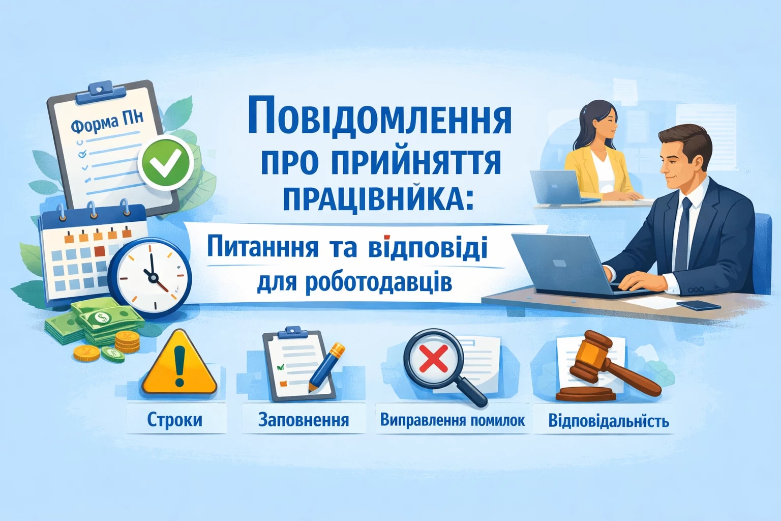 Працевлаштування працівника зобов’язує роботодавця подати податковій повідомлення про прийняття на роботу. У цій статті ми зібрали відповіді на поширені запитання роботодавців щодо подання такого повідомлення, зокрема про строки, заповнення, виправлення помилок та відповідальність.