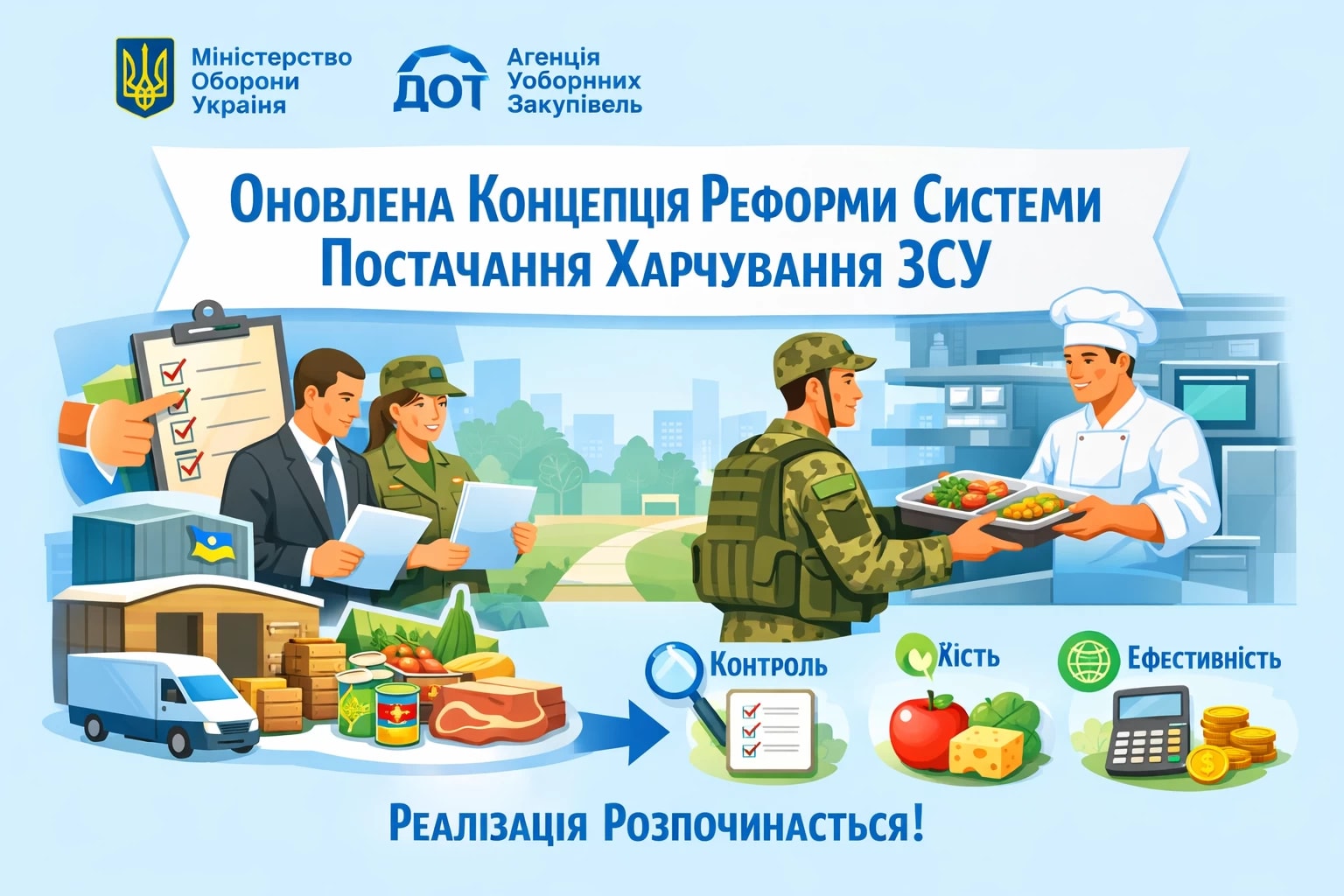 Міністерство оборони України та Агенція оборонних закупівель ДОТ розробили оновлену концепцію реформи системи постачання харчування Збройних Сил України та розпочинають її реалізацію. 