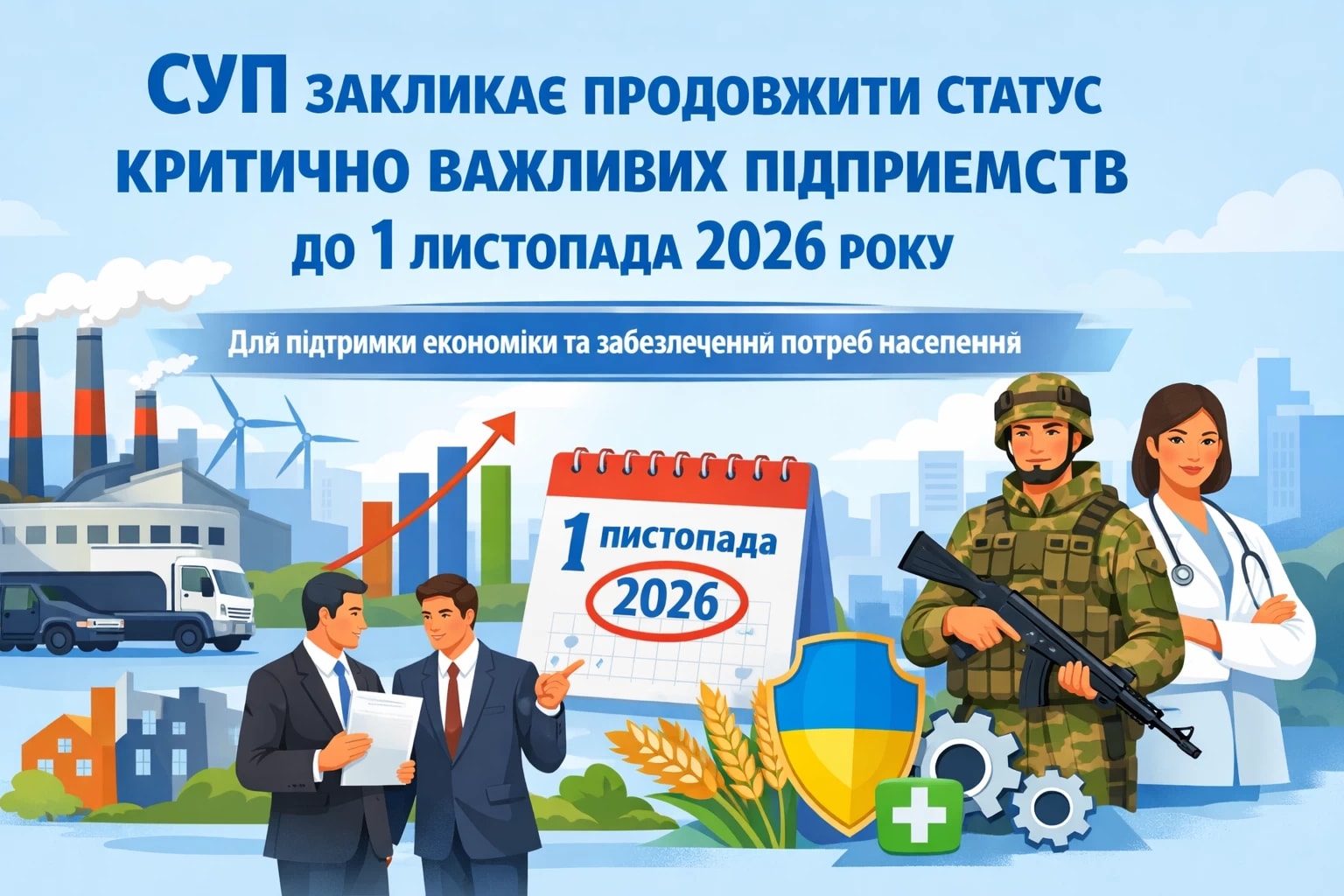 Спілка українських підприємців звернулася до Кабінету Міністрів України із закликом продовжити до 1 листопада 2026 року строк чинності рішень про визначення підприємств критично важливими для функціонування економіки та забезпечення життєдіяльності населення.