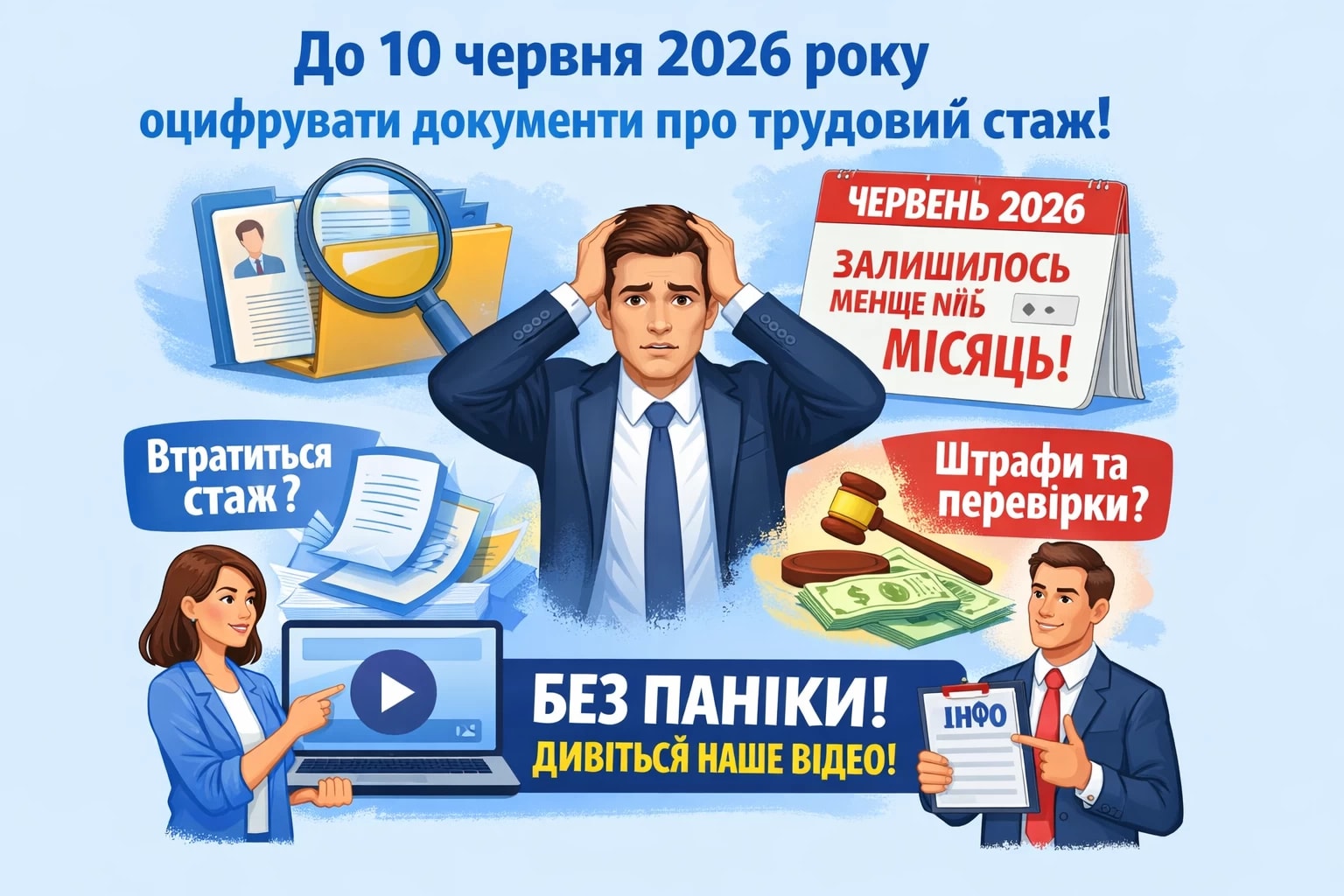 До 10 червня 2026 року слід оцифрувати документи про трудовий стаж. Залишилось менше ніж місяць? Що буде, якщо не встигнути? Чи загубиться стаж? Чи оштрафують роботодавця і працівника? Про все це без паніки розповідаємо у відео.