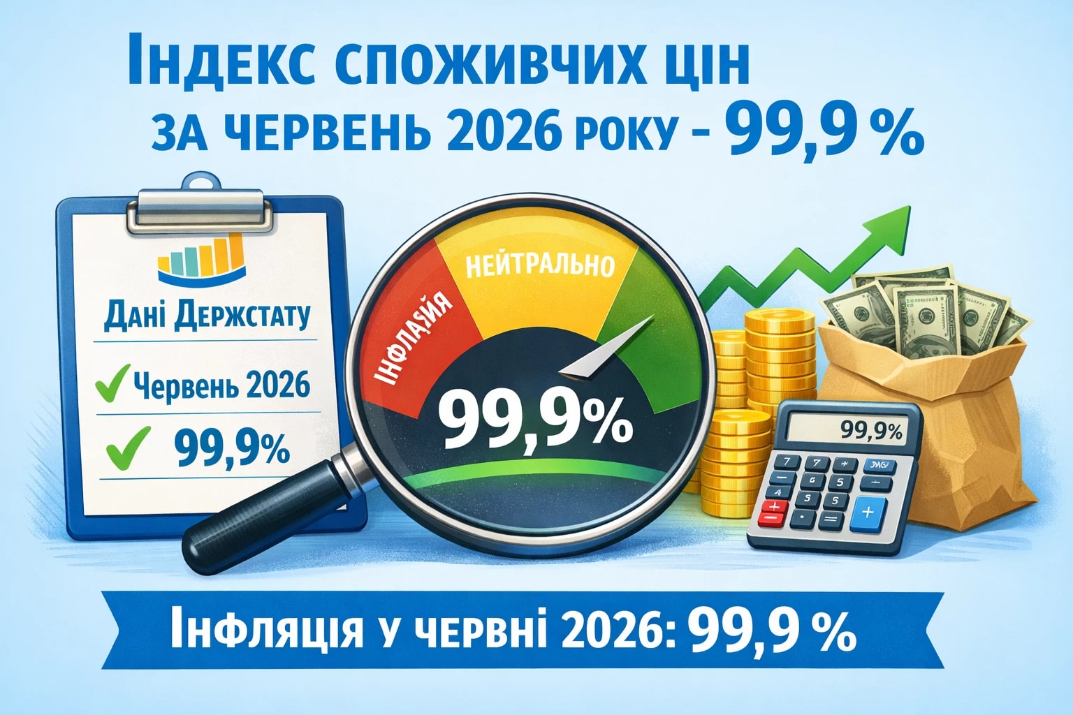 За даними Держстату індекс споживчих цін (індекс інфляції) за червень 2026 року - 99,9 %.