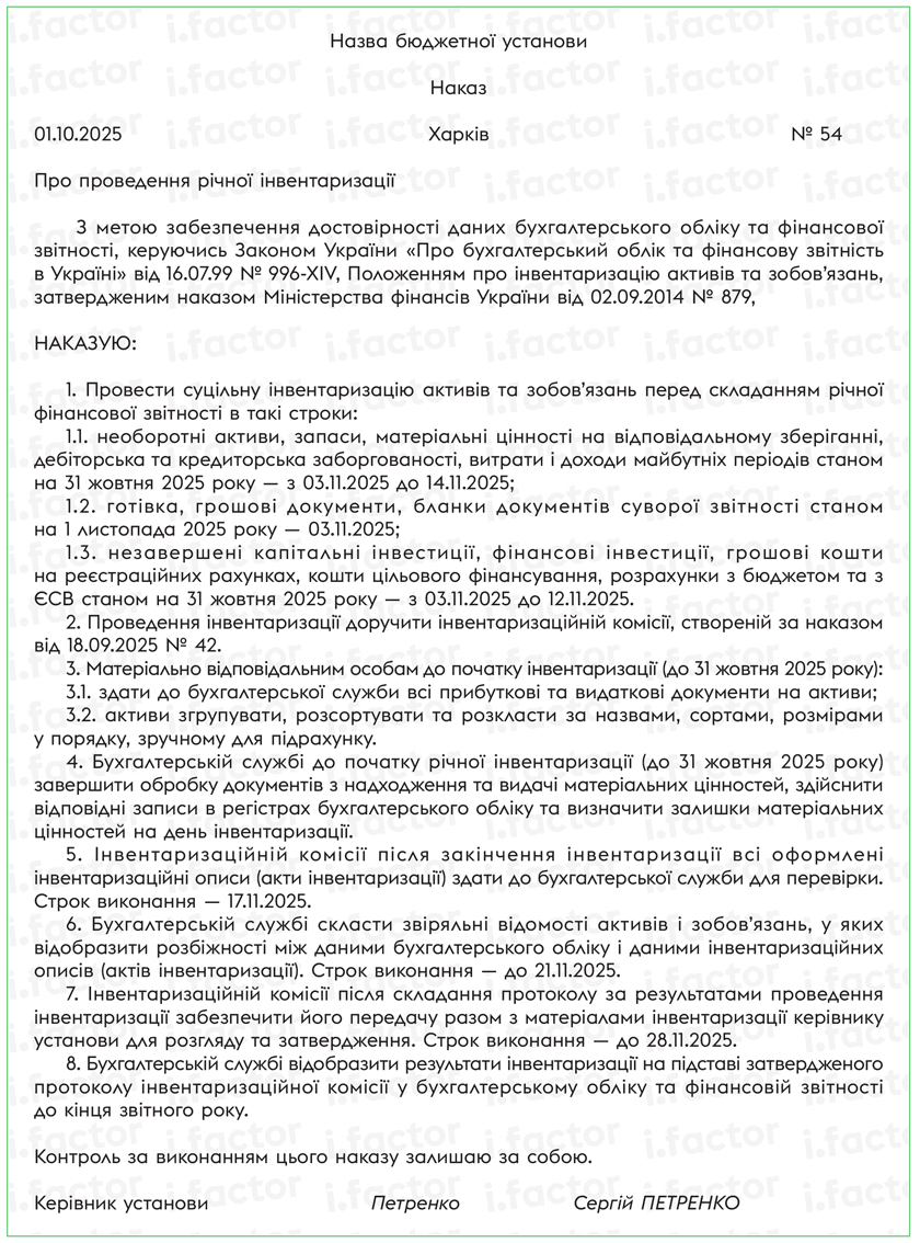 Зразок наказу про проведення річної інвентаризації