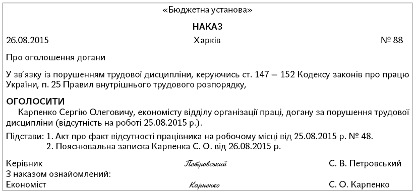 наказ (розпорядження) про оголошення працівнику стягнення