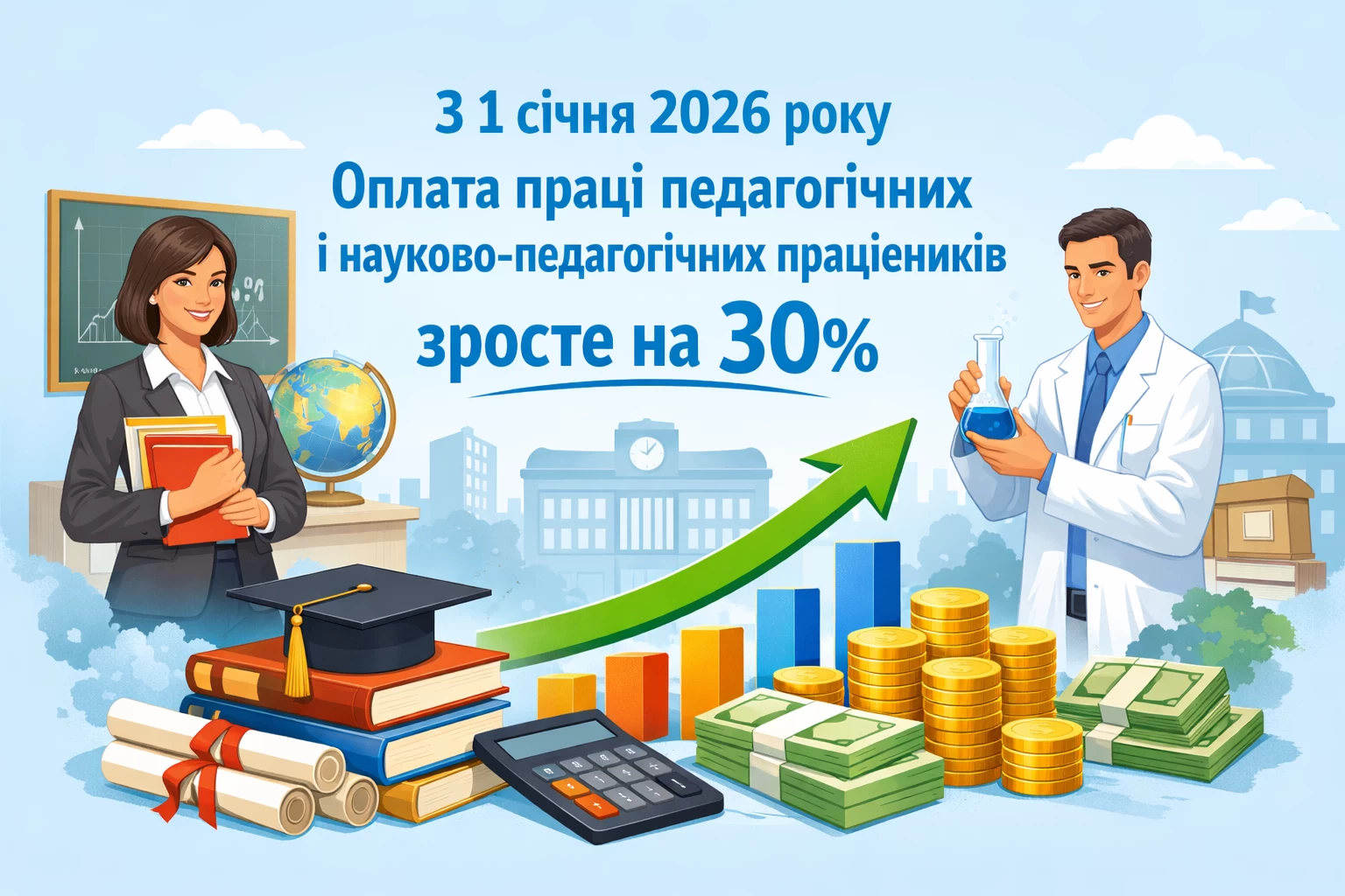 З 1 січня 2026 року оплата праці педагогічних і науково-педагогічних працівників зросте на 30%