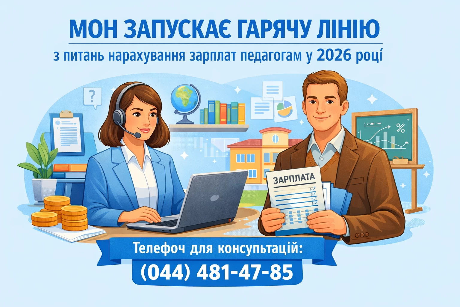 МОН запускає гарячу лінію для консультацій громад щодо нарахування зарплат педагогам у 2026 році , за телефоном (044) 481-47-85.