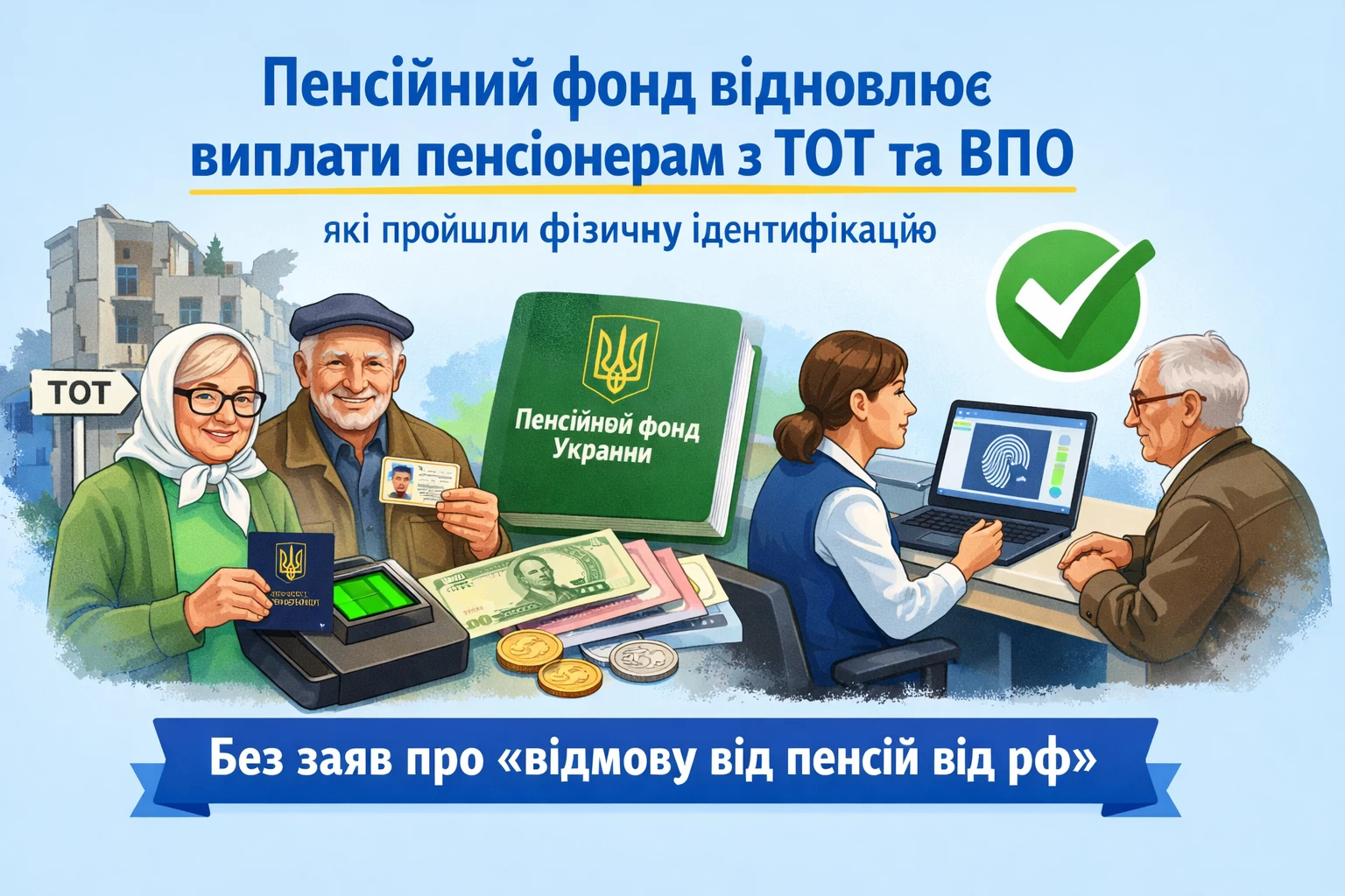 Пенсійний фонд України відновить виплати пенсіонерам з ТОТ та ВПО, які пройшли фізичну ідентифікацію, але не подали заяву про неотримання пенсій від рф.