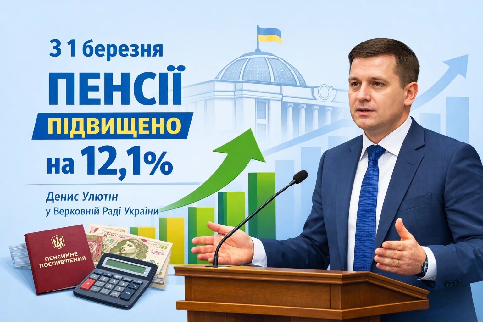 З 1 березня пенсії буде проіндексовано на 12,1% — Денис Улютін у Верховній Раді України