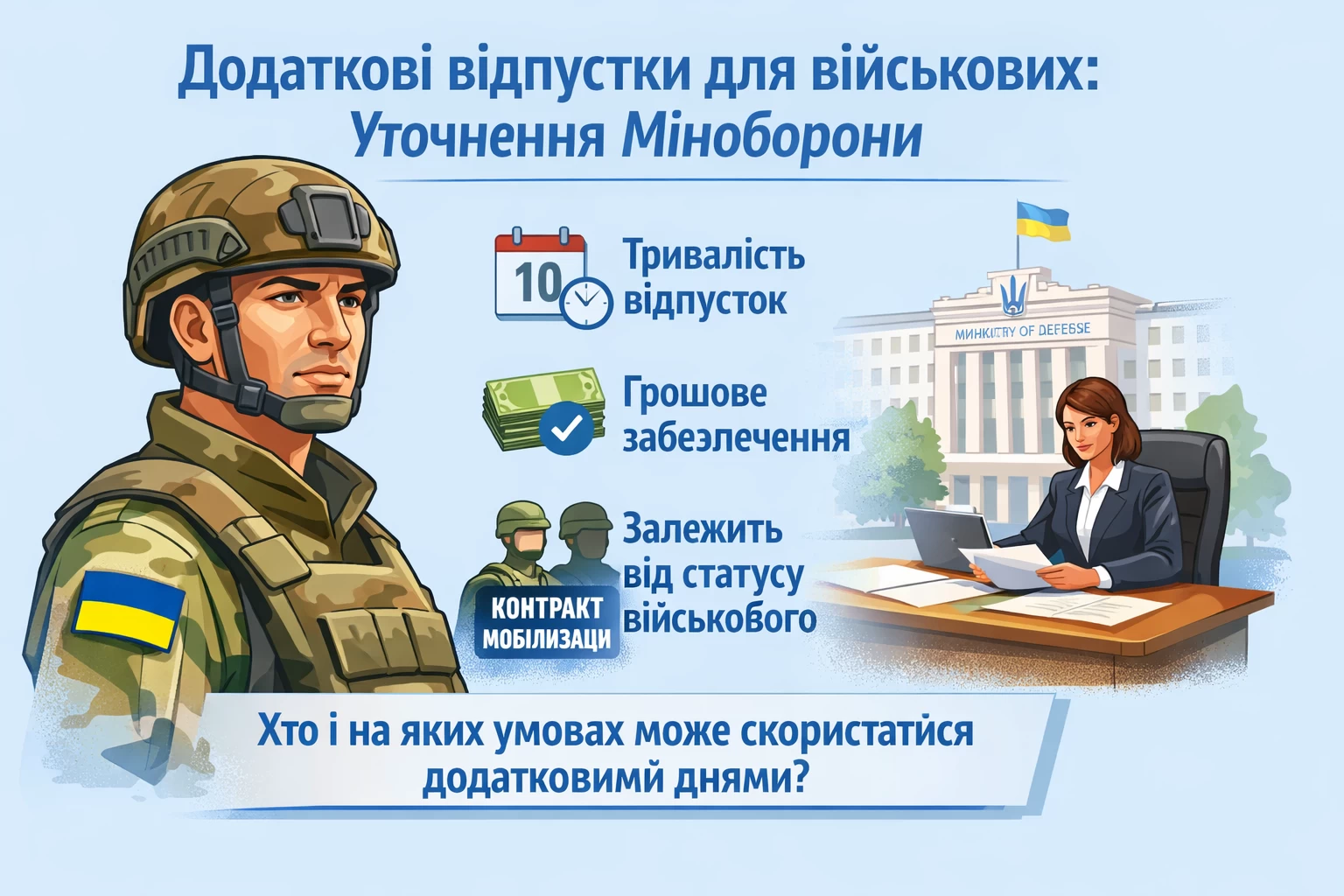 Не всі додаткові відпустки для військовослужбовців однакові. Їхня тривалість і те, чи зберігається грошове забезпечення, залежать від статусу військового. Міністерство оборони уточнює умови надання додаткових відпусток та пояснює, хто і на яких умовах може скористатися додатковими днями відпочинку.