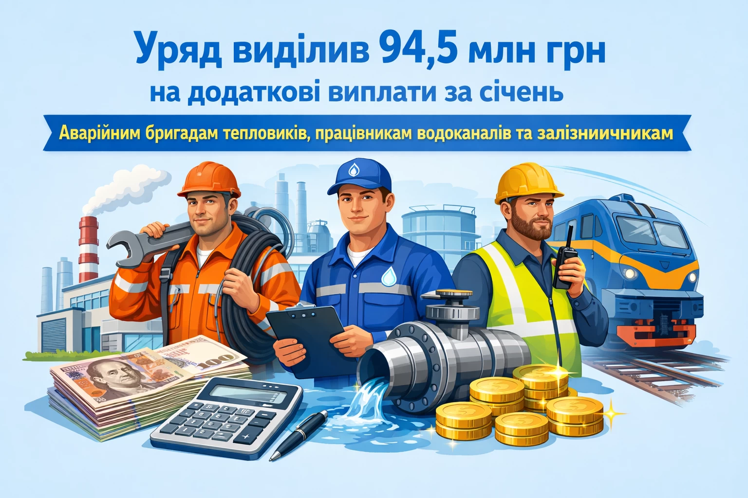 Уряд виділив 94,5 млн грн на додаткові виплати за січень для аварійних бригад тепловиків, працівників водоканалів та залізничників