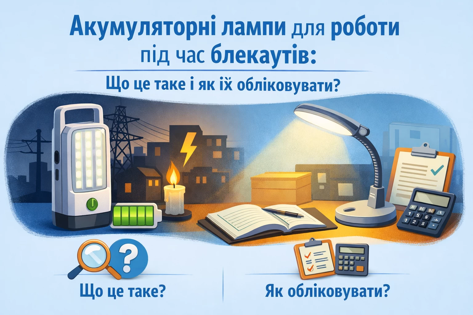 Акумуляторні лампи для роботи під час блекаутів: що це таке і як їх обліковувати