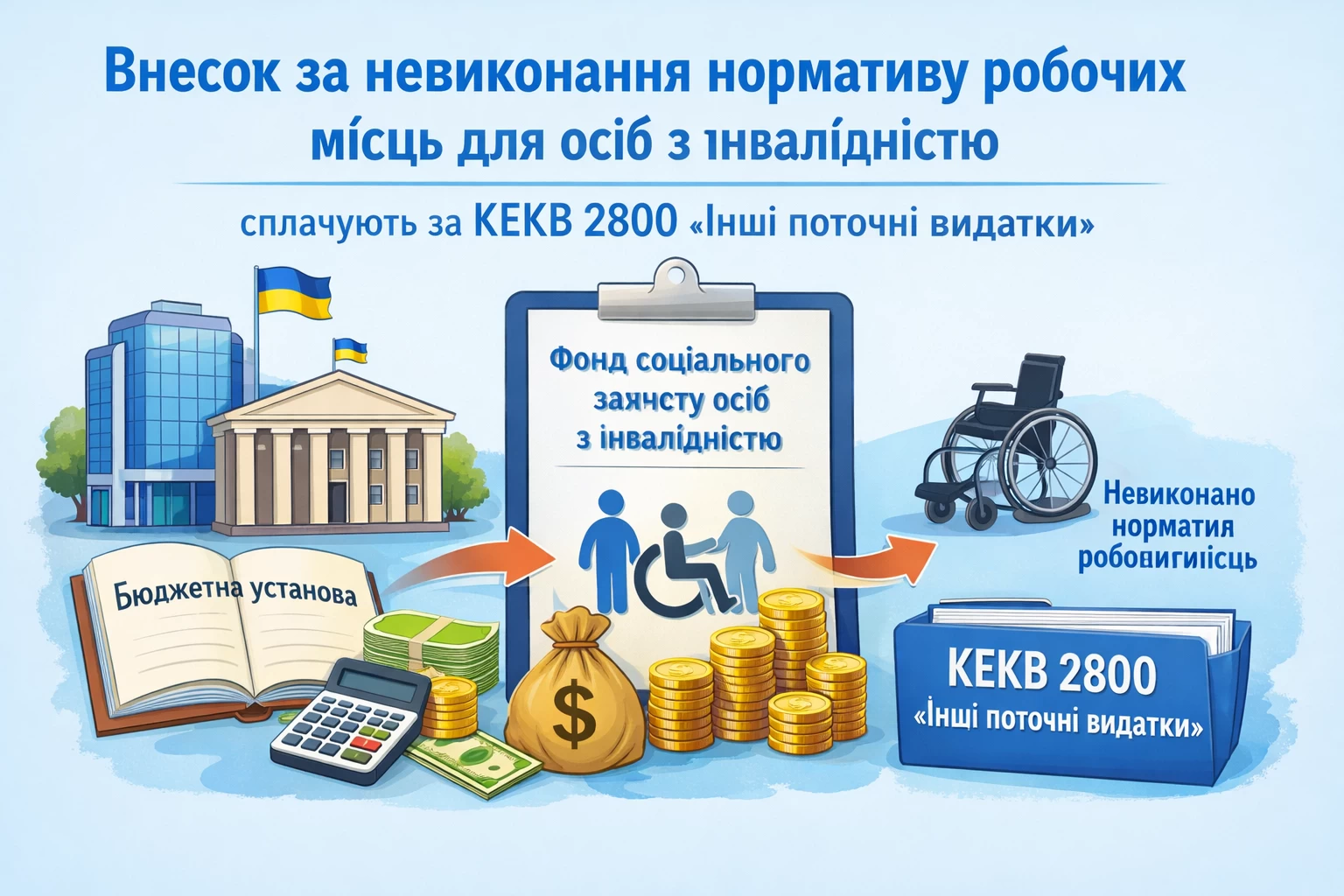 Внесок (адміністративно-господарські санкції), який сплачують роботодавці-бюджетні установи до Фонд соціального захисту осіб з інвалідністю за невиконання нормативу робочих місць для осіб з інвалідністю, бюджетні установи проводять за КЕКВ 2800 «Інші поточні видатки». 