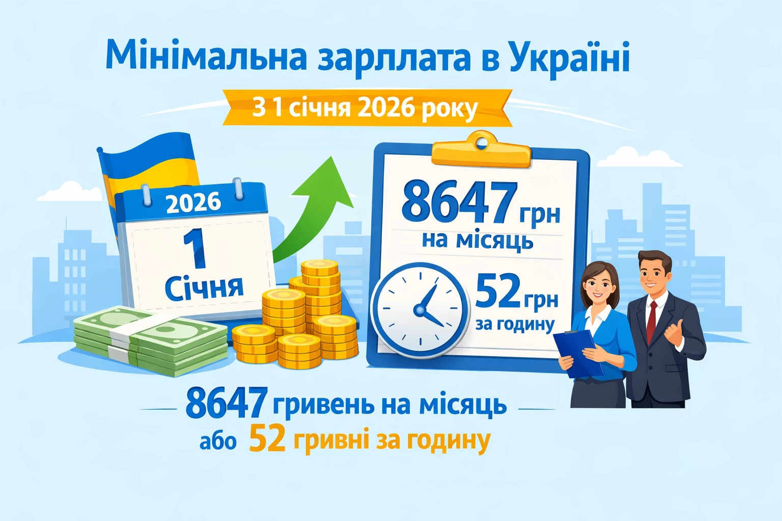 Мінімальна заробітна плата в Україні з 1 січня 2026 року встановлена на рівні 8647 грн на місяць або 52 грн за годину