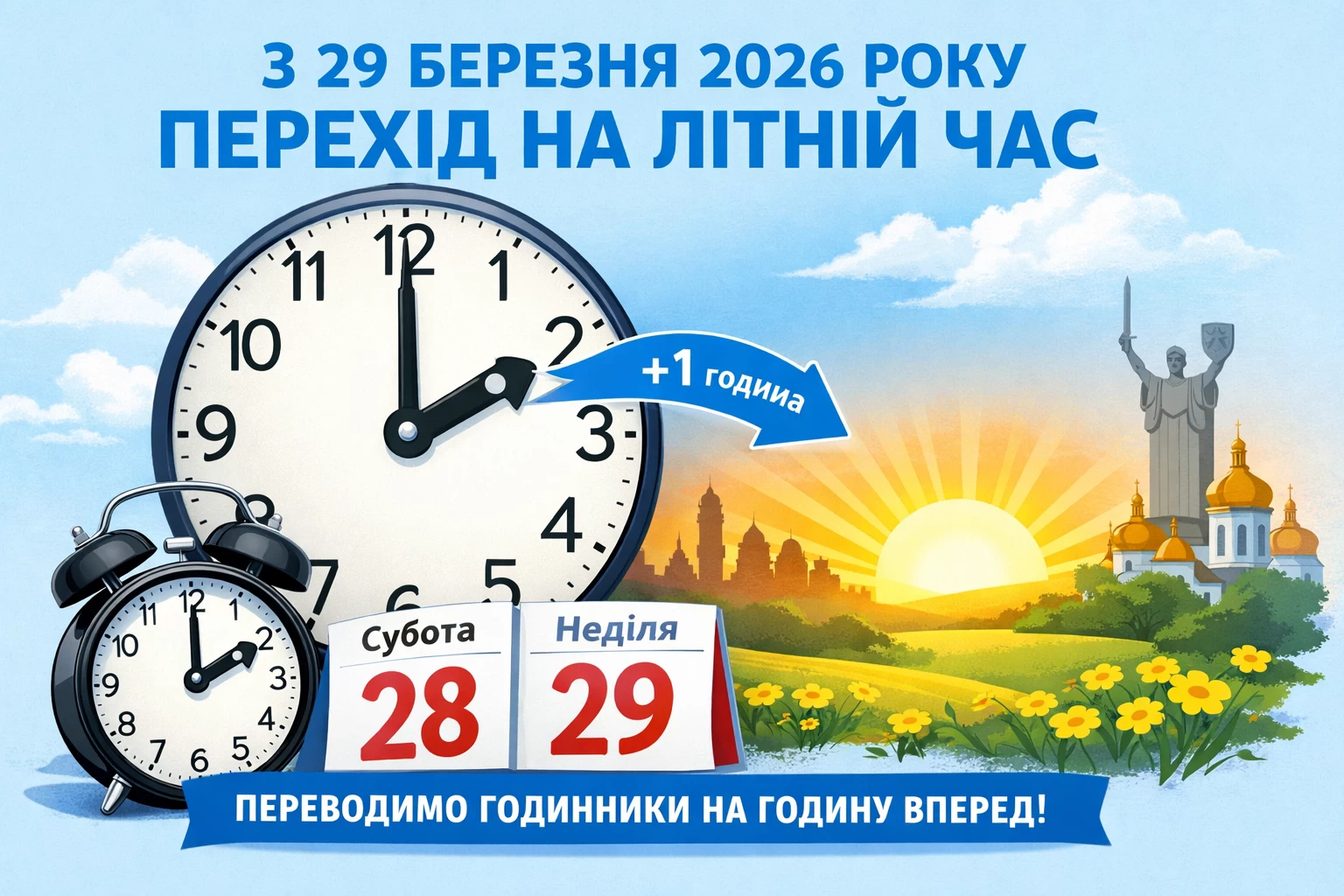 У ніч із суботи на неділю, 29 березня 2026 року, в Україні відбудеться традиційний перехід на літній час — годинники потрібно перевести на одну годину вперед.