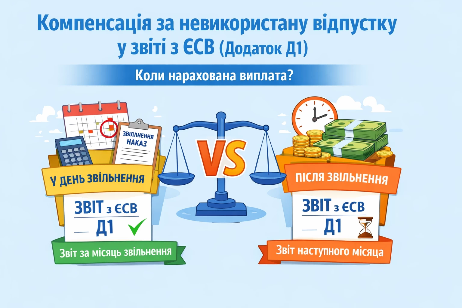 Відображення компенсації за невикористану відпустку у звіті з ЄСВ (додаток Д1 Об’єднаного звіту) залежить від того, коли саме вона була нарахована: у день звільнення чи вже після нього.