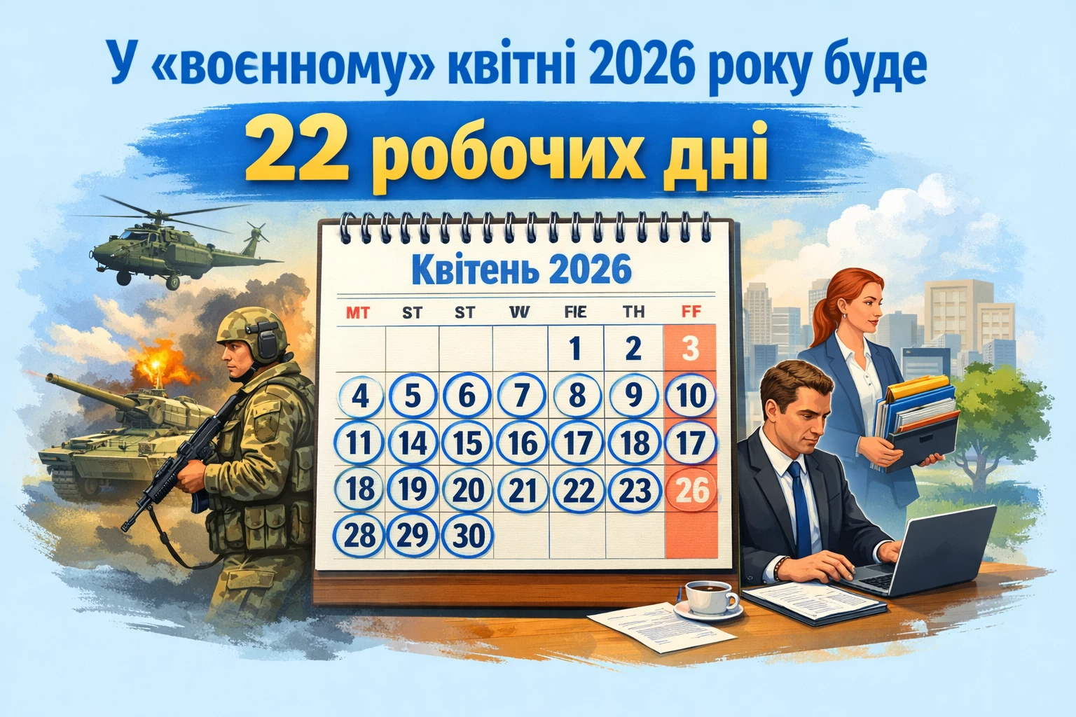 У «воєнному» квітні 2026 року буде 22 робочих дні.