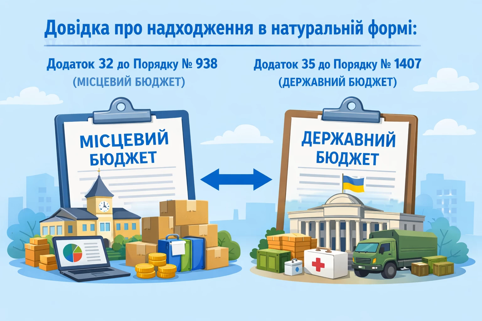 Довідка про надходження в натуральній формі, яка подається до Держказначейської служби, міститься в додатку 32 до Порядку № 938 (МІСЦЕВИЙ БЮДЖЕТ) та в додатку 35 до порядку 1407 (ДЕРЖАВНИЙ БЮДЖЕТ).
