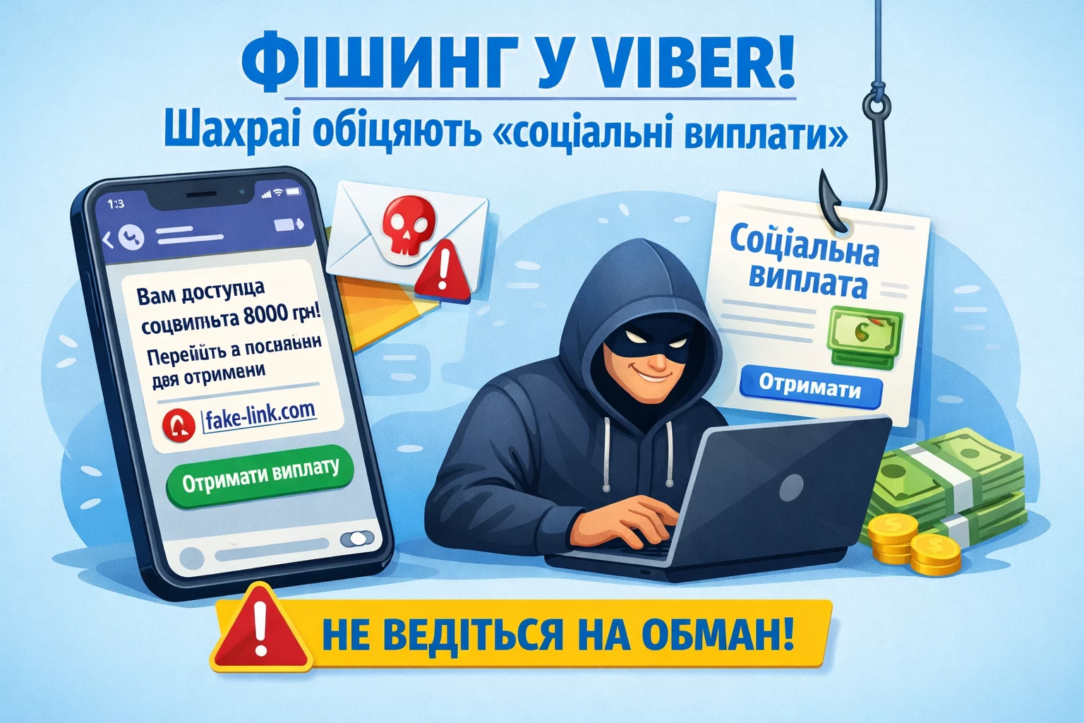 Зловмисники надсилають користувачам фішингові повідомлення Viber, у яких повідомляють про нібито можливість отримання «соціальних виплат». 