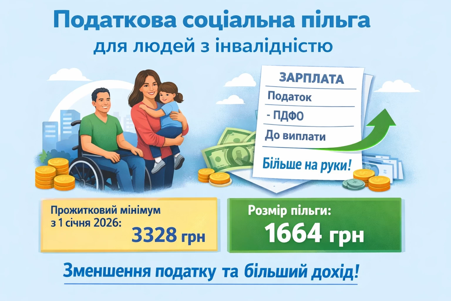Громадяни з інвалідністю та батьки дітей з інвалідністю можуть скористатися податковою соціальною пільгою. Вона дозволяє зменшити суму податку із заробітної плати та отримувати більший дохід 