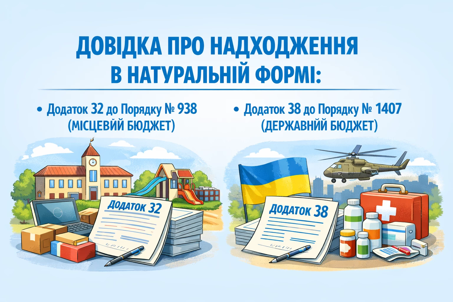 Довідка про надходження в натуральній формі, яка подається до Держказначейської служби, міститься в додатку 32 до Порядку № 938 (МІСЦЕВИЙ БЮДЖЕТ) та в додатку 38 до порядку 1407 (ДЕРЖАВНИЙ БЮДЖЕТ).