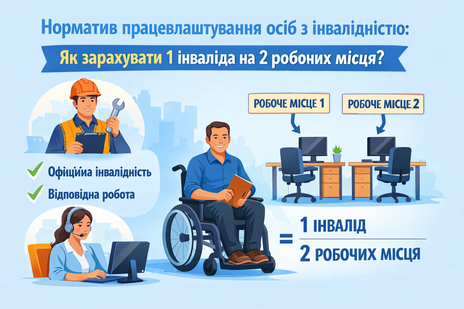 У вас 8 і більше працівників? Тоді ви вже «у грі» під назвою норматив працевлаштування осіб з інвалідністю. Але кого саме можна зарахувати до виконання нормативу, а кого — ні, навіть якщо в людини офіційно встановлена інвалідність? І найцікавіше: як один працівник може закривати одразу два робочі місця для нормативу?
