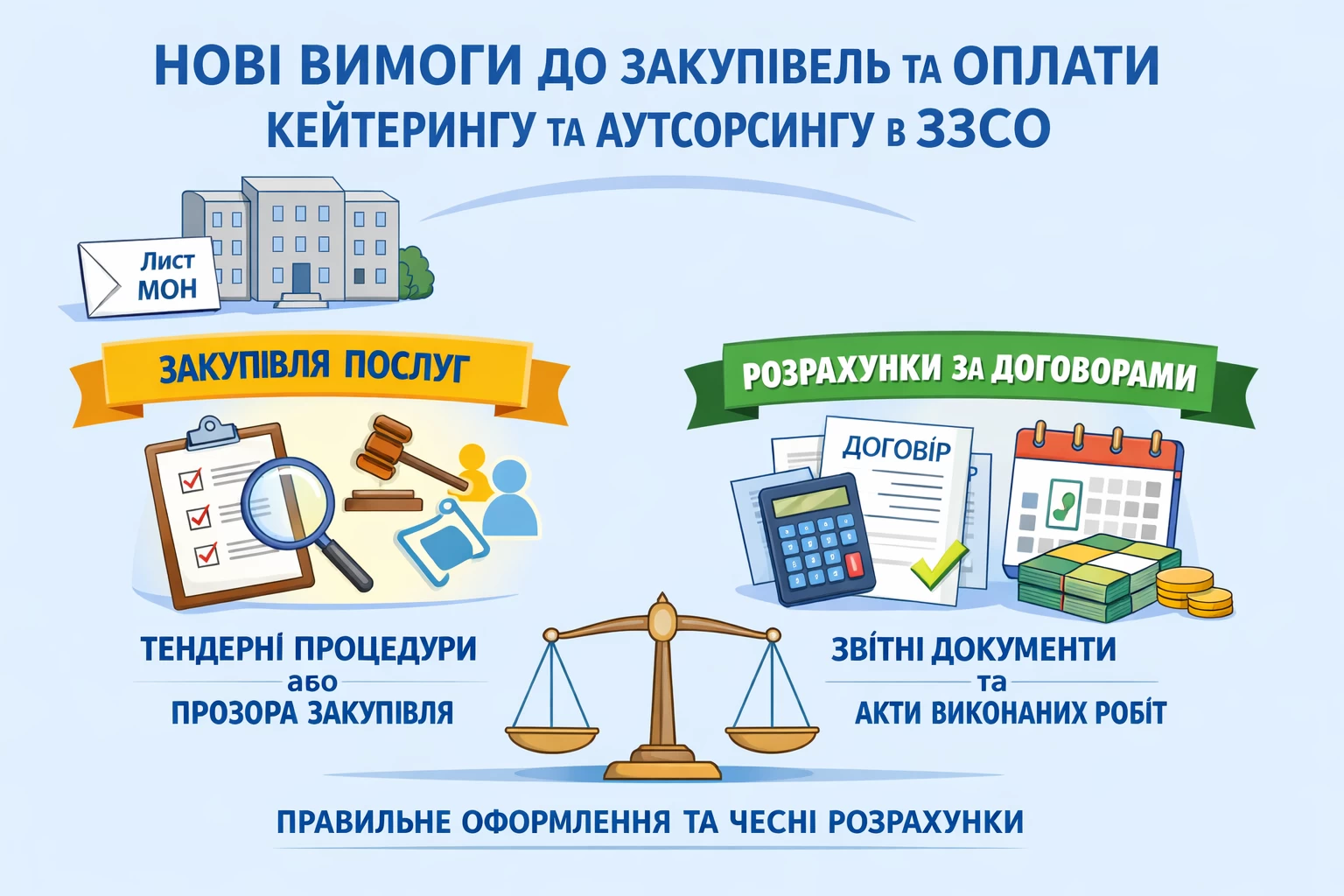 Приводом для написання цього матеріалу став лист МОН, присвячений новим вимогам до розрахунків за послуги з організації харчування (кейтеринг або аутсорсинг) у закладах загальної середньої освіти (далі — ЗЗСО). Далі пояснимо детальніше, яким чином такі заклади наразі мають здійснювати закупівлю зазначених послуг та проводити розрахунки за договорами.
