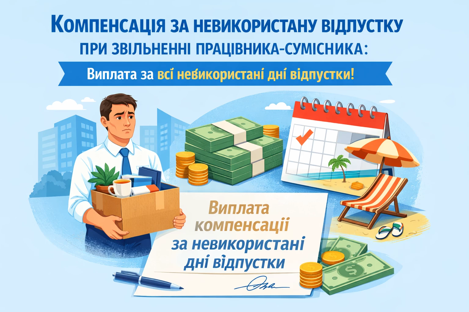 При звільненні працівника-сумісника (як внутрішнього, так і зовнішнього) йому обов’язково нараховується та виплачується грошова компенсація за всі невикористані дні відпустки.
