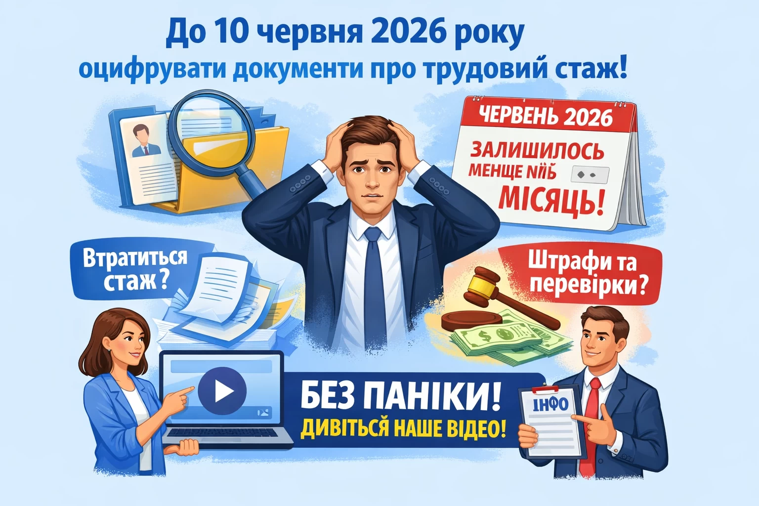 До 10 червня 2026 року слід оцифрувати документи про трудовий стаж. Залишилось менше ніж місяць? Що буде, якщо не встигнути? Чи загубиться стаж? Чи оштрафують роботодавця і працівника? Про все це без паніки розповідаємо у відео.