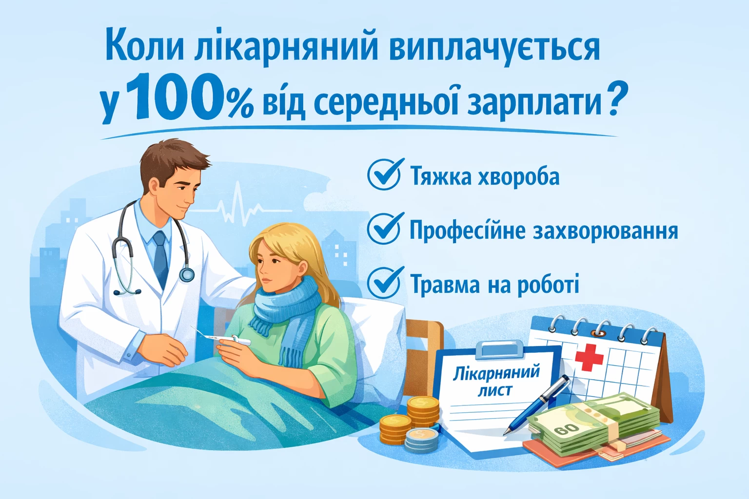 У яких випадках лікарняний виплачується у розмірі 100% середньої зарплати