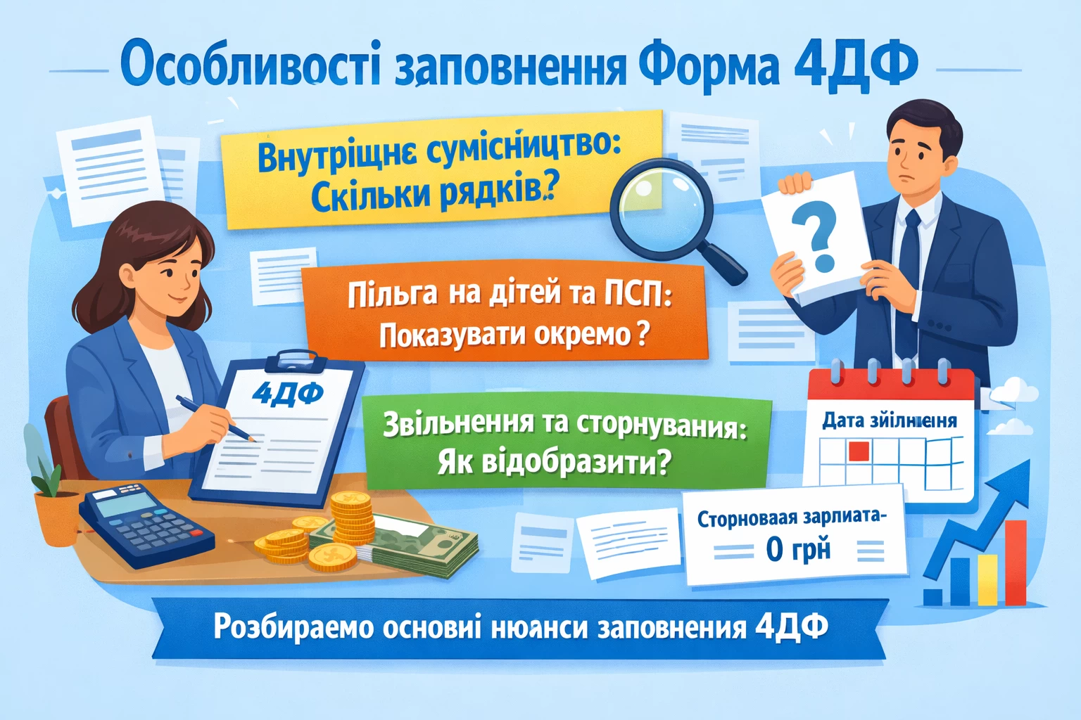 Заповнення додатка 4ДФ здається звичною справою, але саме тут у бухгалтерів виникає чимало практичних запитань. Скільки рядків формувати на внутрішнього сумісника? Чи потрібно окремо показувати дві підстави для ПСП? Як відобразити сторновану зарплату або дату звільнення без доходу? Розглянемо найважливіші нюанси заповнення 4ДФ.
