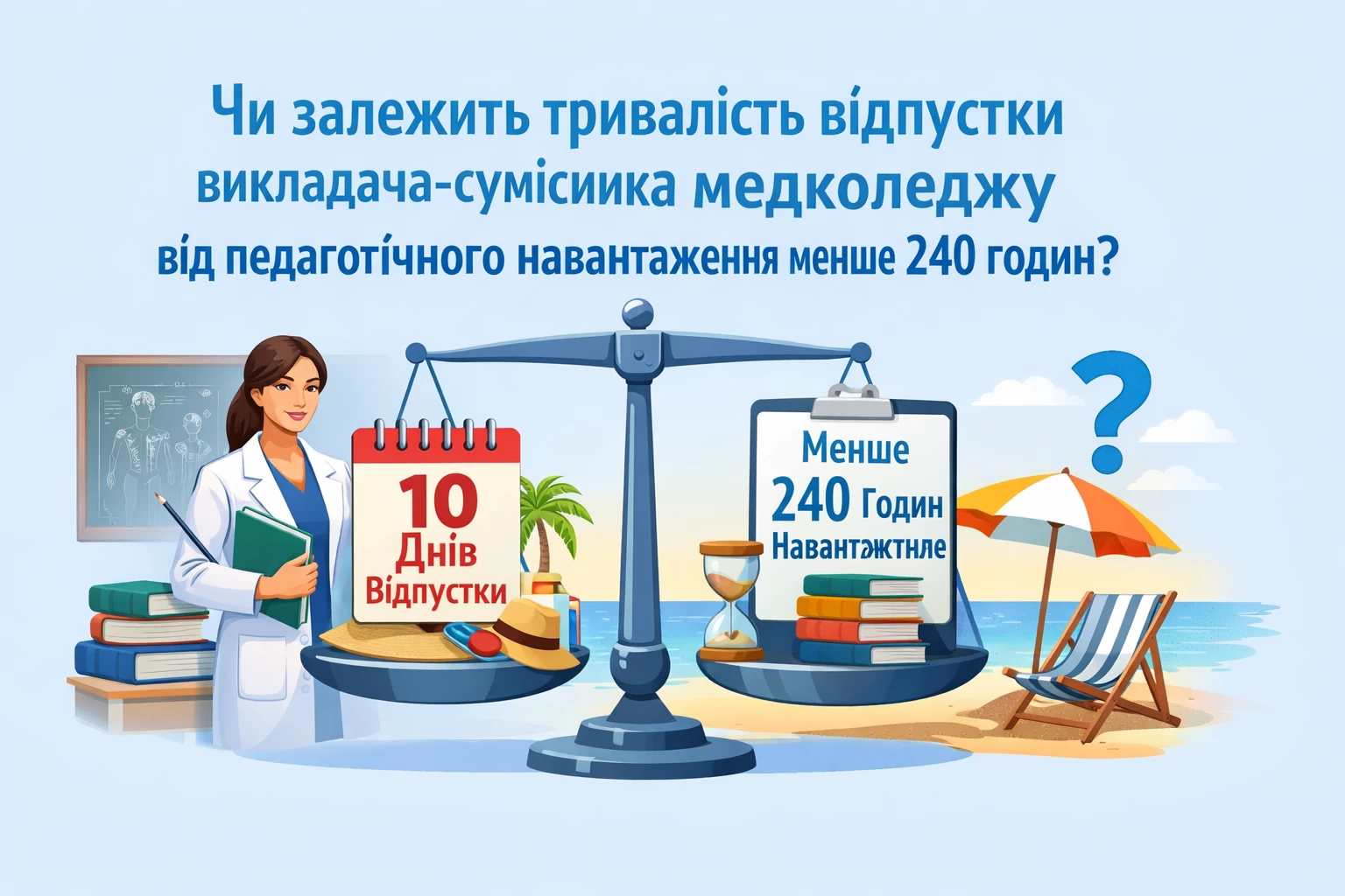 Чи залежить тривалість відпустки викладача-сумісника медколеджу від педагогічного навантаження менше 240 годин?