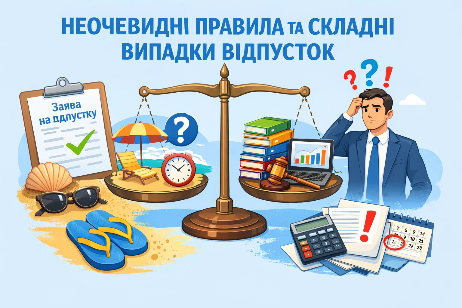 Здавалося б, що може бути простішим за відпустку: написав заяву — і відпочивай. Але на практиці саме відпустки викликають безліч спірних ситуацій, нестандартних випадків і питань, на яких часто помиляються навіть досвідчені роботодавці. Сьогодні поговоримо про неочевидні правила, цікаві кейси та практичні моменти, про які дуже часто забувають на практиці.