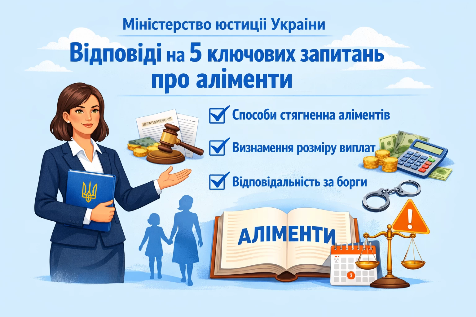 Міністерство юстиції України підготувало відповіді на п'ять найпоширеніших запитань про способи стягнення аліментів, визначення розмірів виплат та відповідальність за заборгованість.