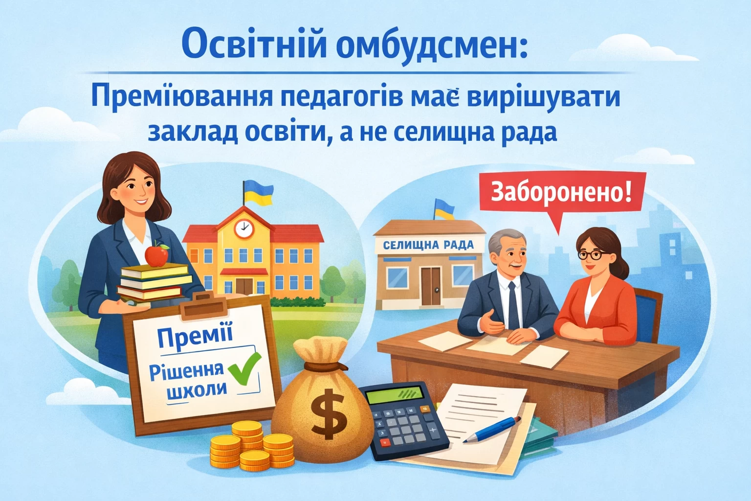 Освітній омбудсмен: питання преміювання педагогів має вирішувати заклад освіти, а не селищна рада