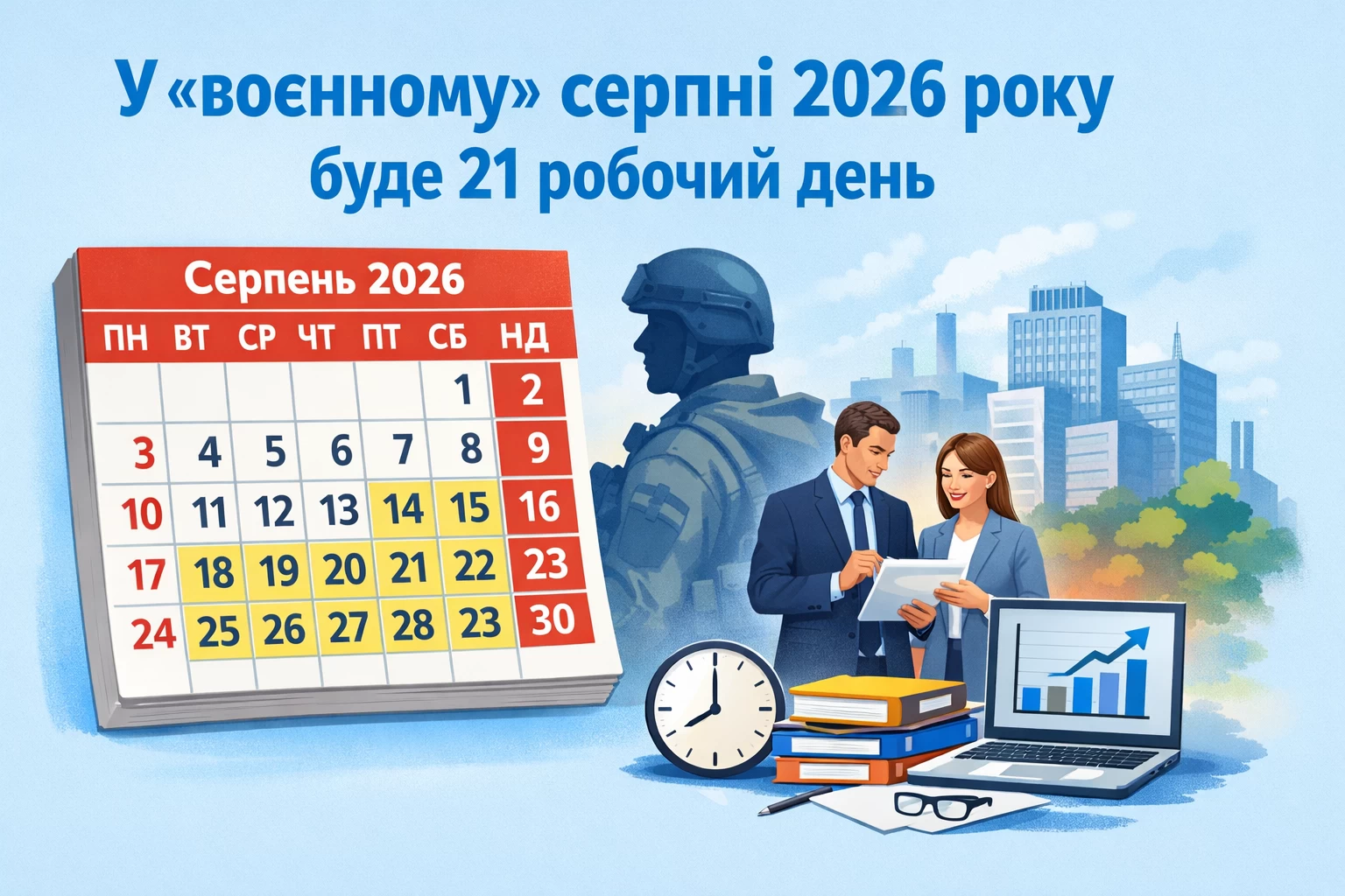 У «воєнному» серпні 2026 року буде 21 робочий день