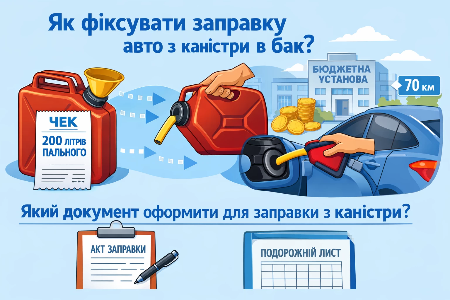 АЗС знаходиться за 70 км від бюджетної установи. Для економії бюджетних коштів заправку здійснили в каністри великим обсягом одним чеком. Яким документом тепер фіксувати заправку авто з каністри в бак автомобіля?