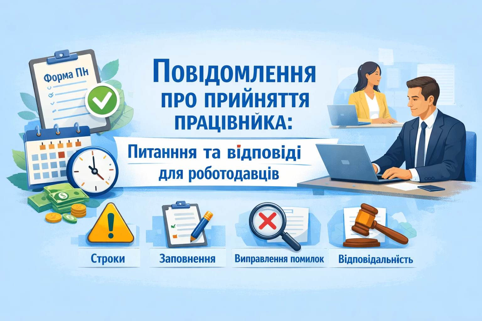 Працевлаштування працівника зобов’язує роботодавця подати податковій повідомлення про прийняття на роботу. У цій статті ми зібрали відповіді на поширені запитання роботодавців щодо подання такого повідомлення, зокрема про строки, заповнення, виправлення помилок та відповідальність.